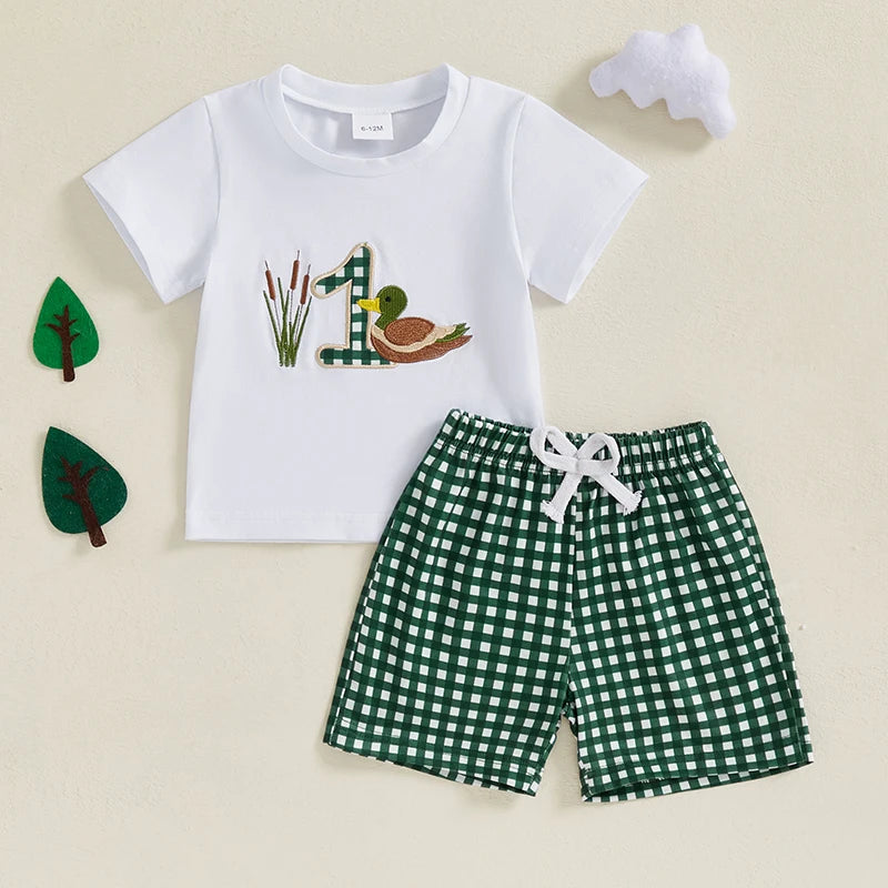 Baby Boys' Birthday Outfit Set - Cartoon Duck Letter Embroidery Short Sleeve Top & Plaid Shorts 2pcs