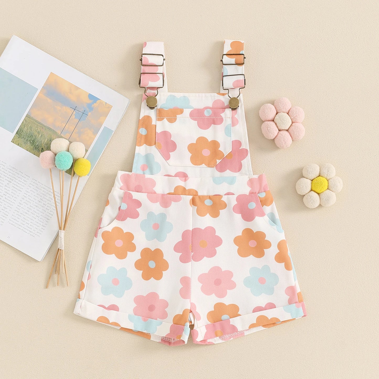 Kids Girls Overalls Shorts 0-6Y Sleeveless Straps Strawberry/Flower Print Denim Button Pocket Jumpsuit