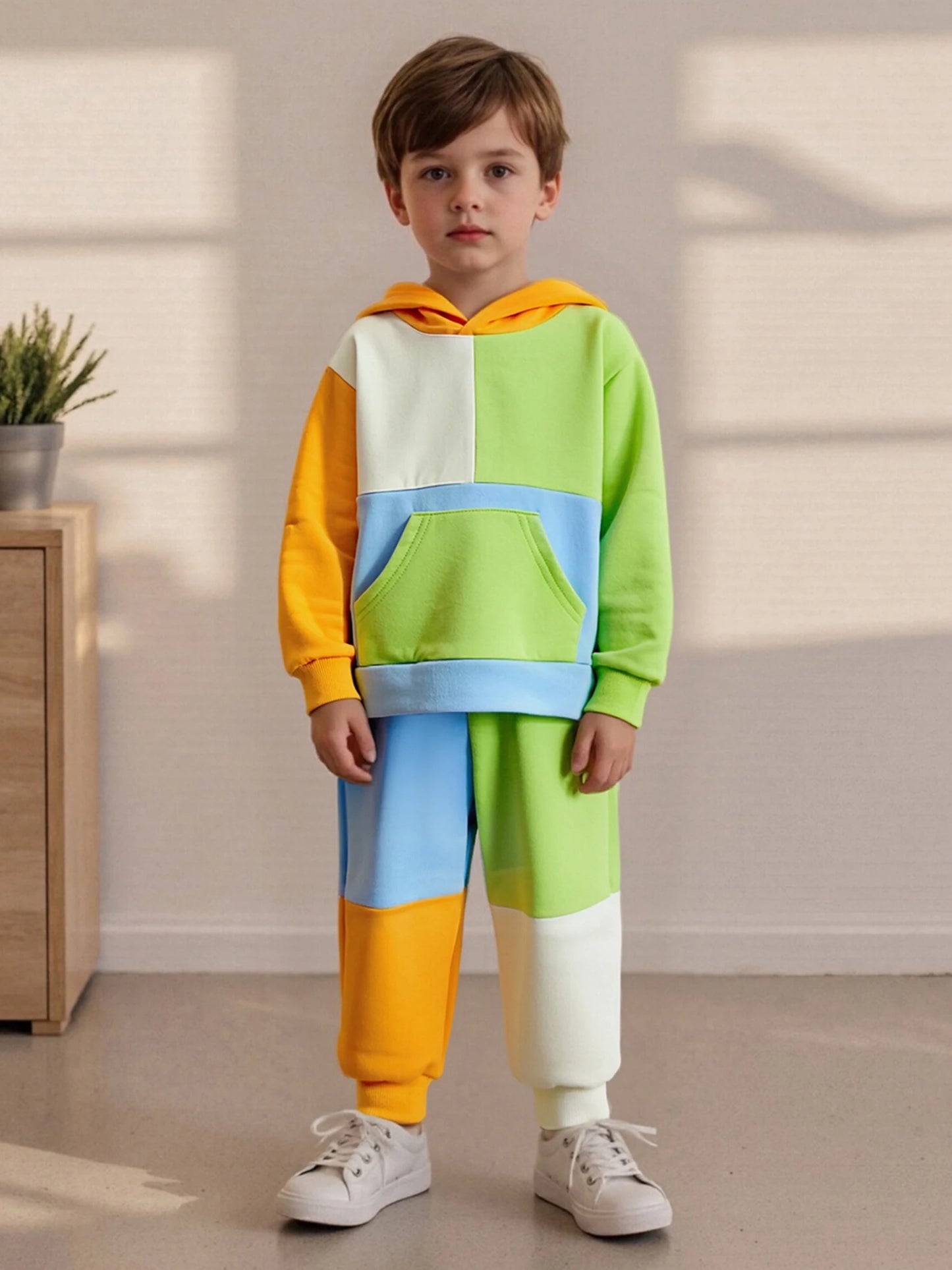 Kids Patchwork Hoodie and Pants Set - Casual Long Sleeve 2-Piece Outfit for Autumn Winter