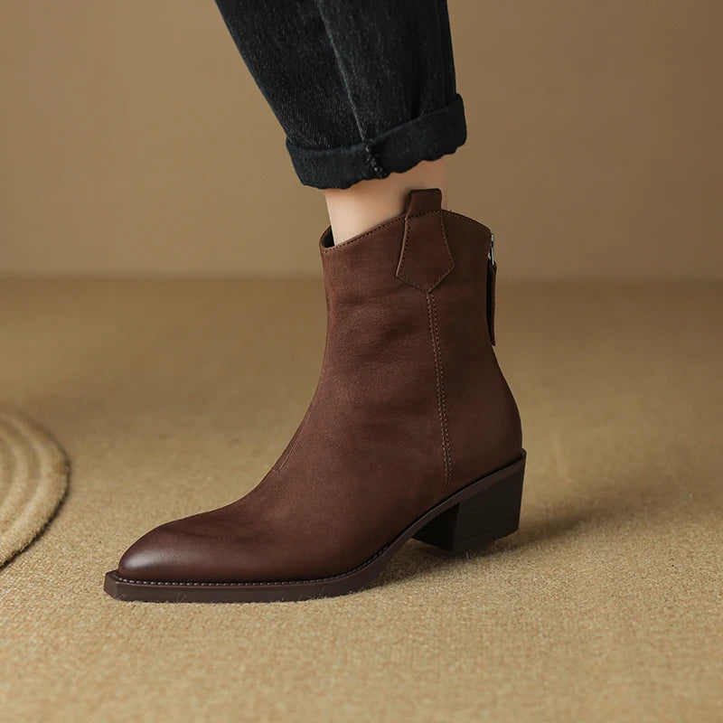 Women's Short Genuine Leather Thick Heels Pointed Toe Ankle Boots