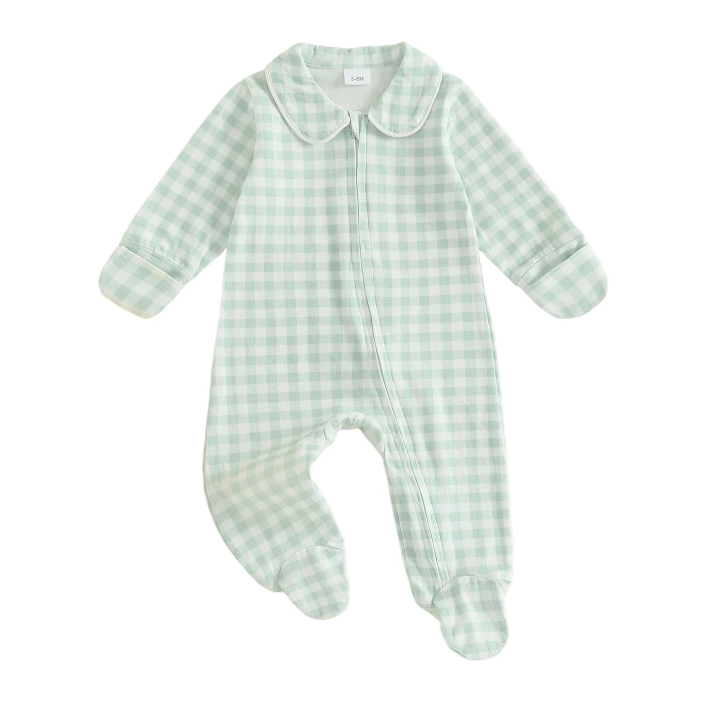 Newborn Baby Plaid Romper - Doll Collar Long Sleeve Zip-Up Footed Jumpsuit