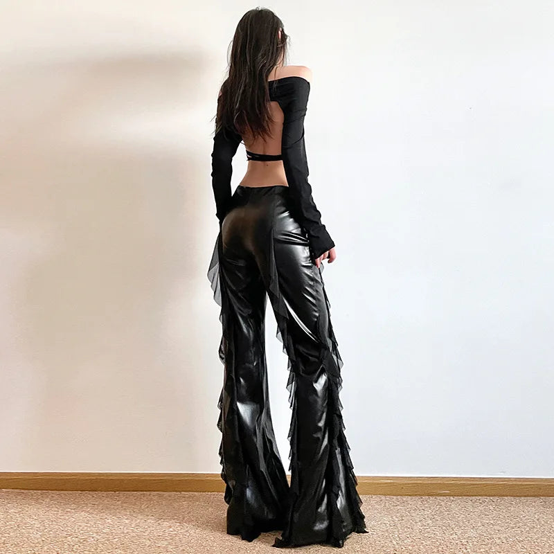 Women's Mesh Splicing PU Flare High Waist Slim Fit Black Long Trousers