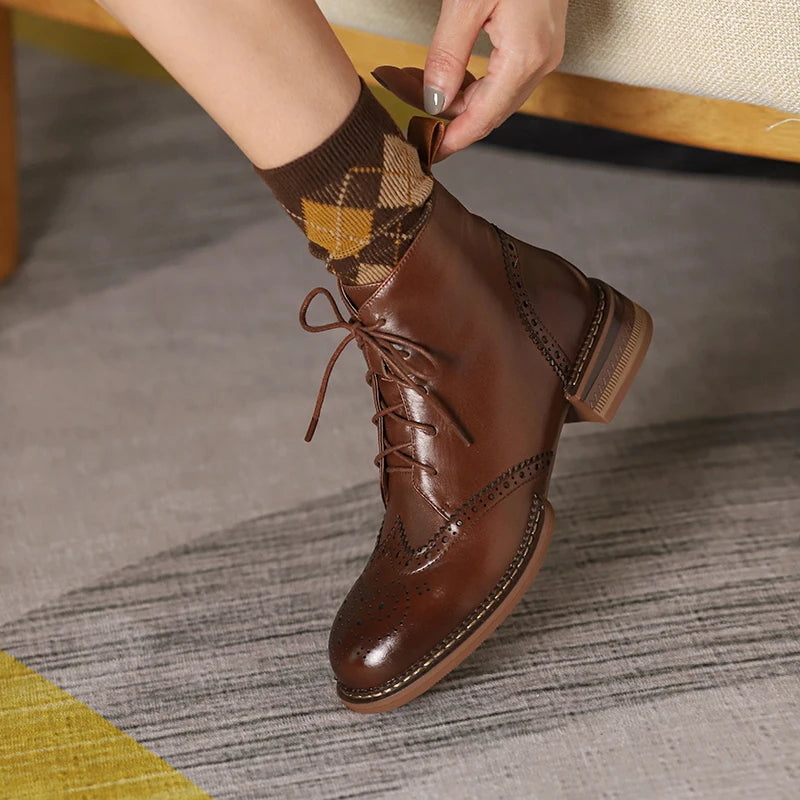 Women's Round Toe Low Heels Cross-Tied Genuine Leather Platform Ankle Boots