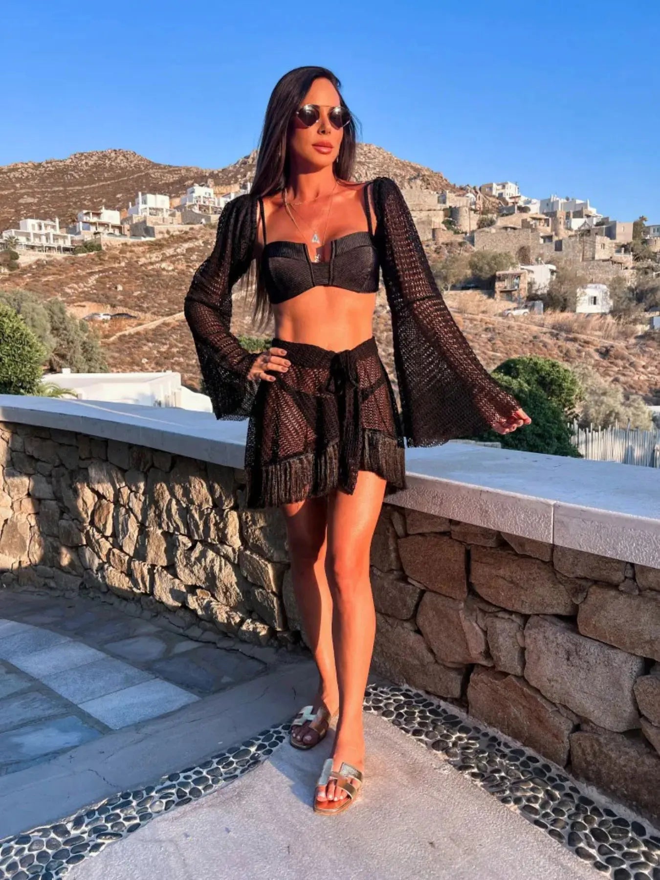 Women's 3-Piece Tassel Swimwear Set - Long Sleeve Top & Mini Skirt Cover Up
