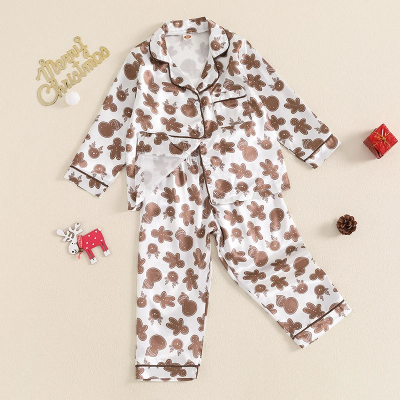 2Pcs Kids Boys Christmas Pyjamas Clothes Sets 2-7Y Long Sleeve Gingerbread Man Print Shirt and Pants