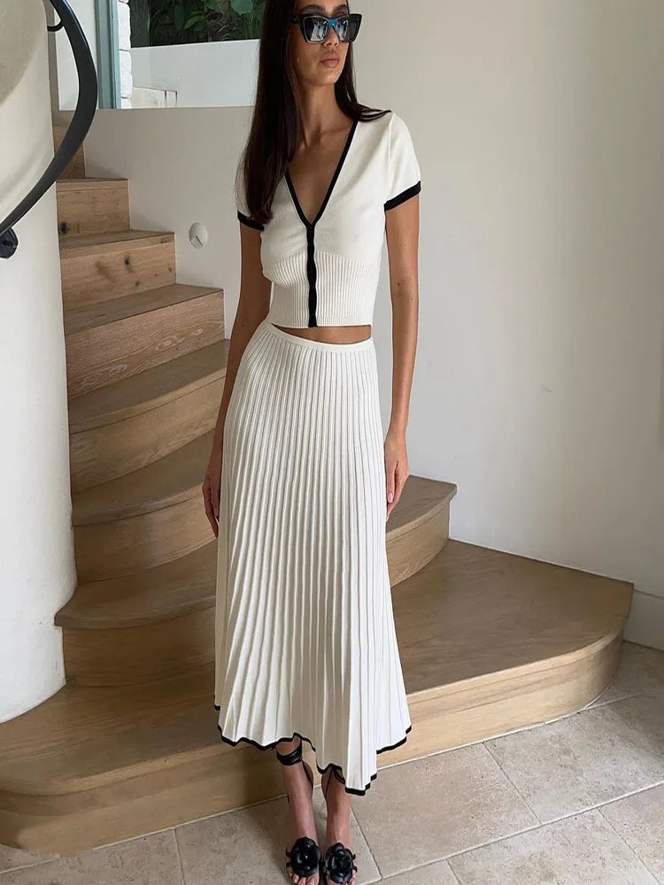 Women White long Skirt and Short Sleeve V-neck Crop Top Pleated Skirt set  2 PCS Set