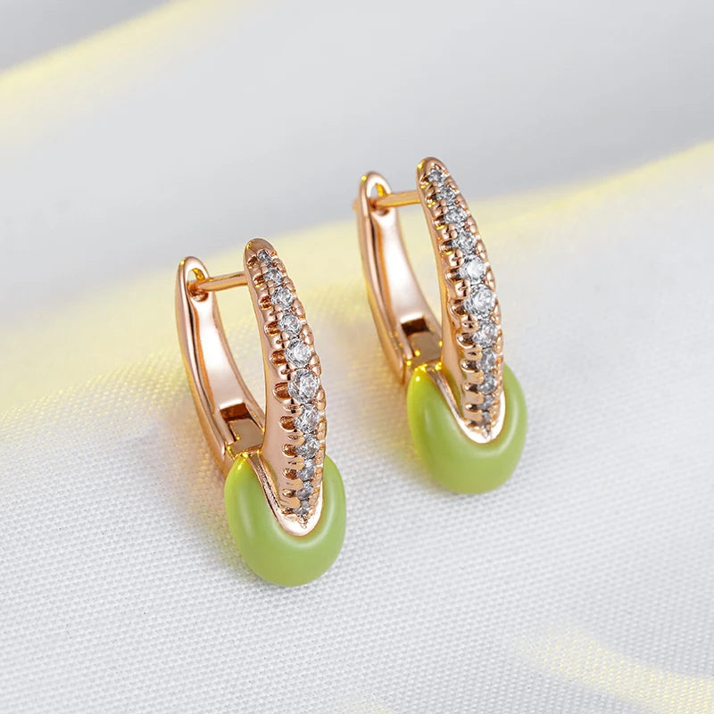 Women's Natural Zircon 585 Rose Gold Colour Green Enamel Drop Earrings