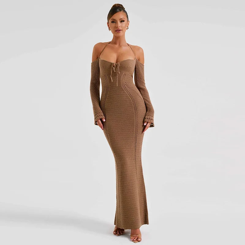 Women's Off Shoulder Halter Knit Dress - Long Sleeve Elegant Backless Tie Front Maxi Dress