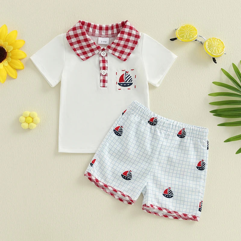 Baby Boys' Independence Day Outfit Set - Plaid Short Sleeve Shirt & Sailboat Shorts