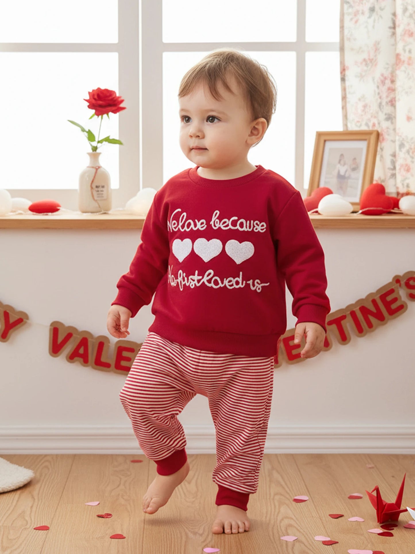 Valentine's Day Baby Boys Outfit Set - Heart Embroidery Sweatshirt & Stripe Pants