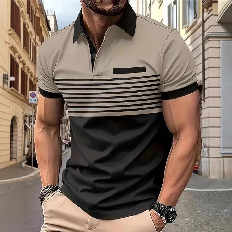Men's Summer Polo Patchwork Short Sleeve Smart Casual Striped Turn Down Collar Shirt