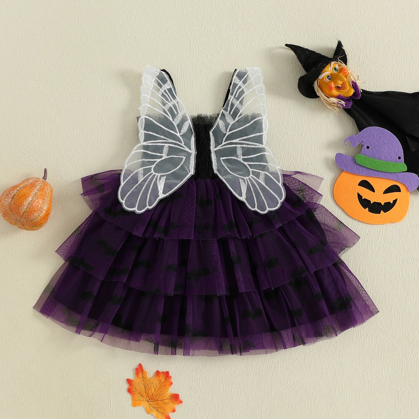 Baby Girls Halloween Dress with Butterfly Wings - Ghost Print Tulle Dress