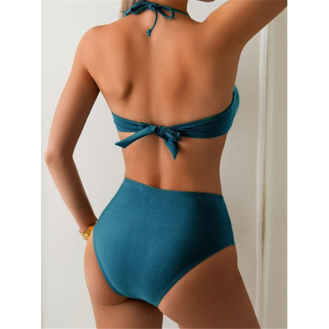 Women's Metal Ring Halter Swimsuit High Waist Bikini  Swimwear Two-pieces Bikini set