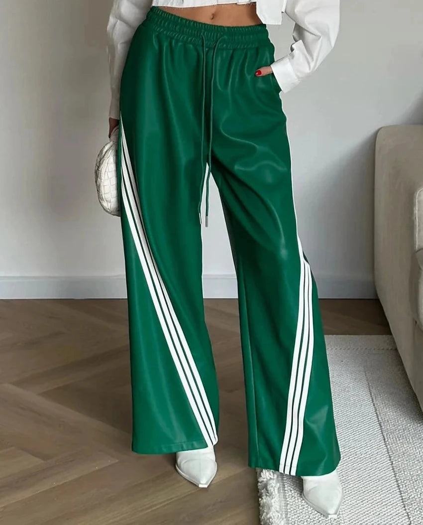 Women's PU Leather Mid Waist Straight Trousers