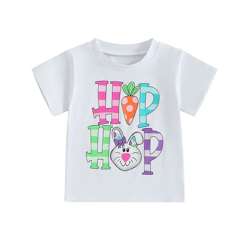 0-6Y Summer Kids Boys Girls Easter T Shirt Rabbit Letter Print Short Sleeve Pullover Top