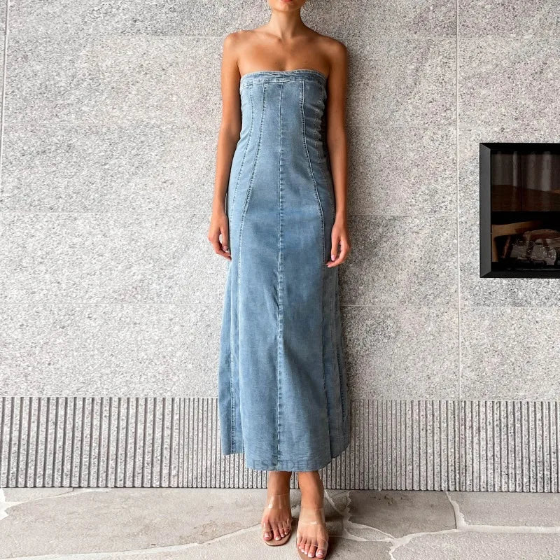 Women's Side Slit Denim Bodycon Sleeveless Maxi Dress