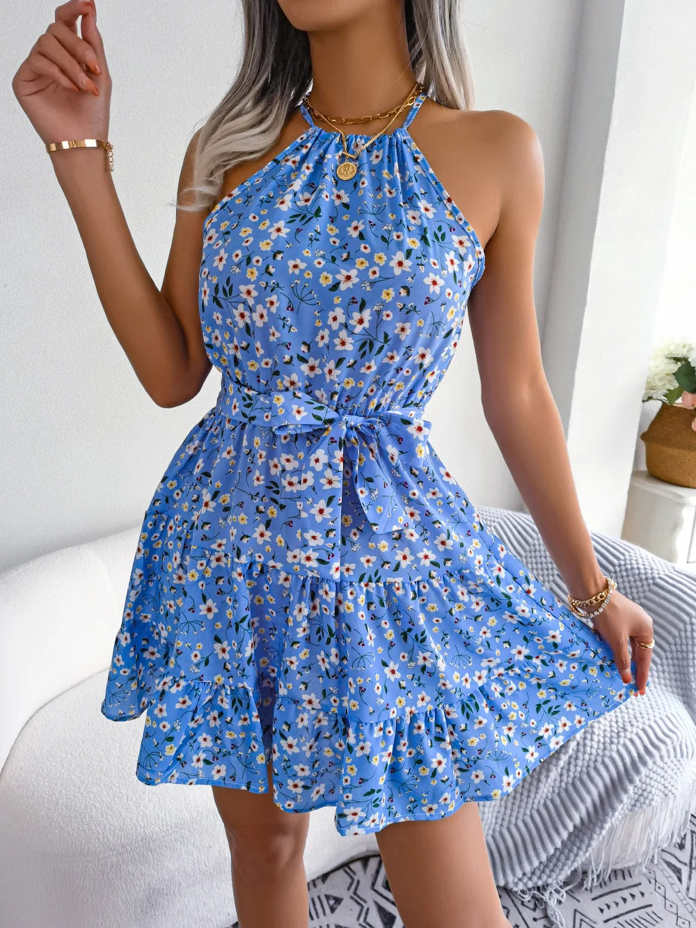 Short Women's Dress - Casual Sleeveless Bandage Ruffle Summer Floral Dress