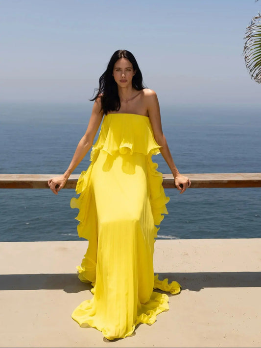 Pleated Wrap Maxi Dress - Off-Shoulder Cape Gown