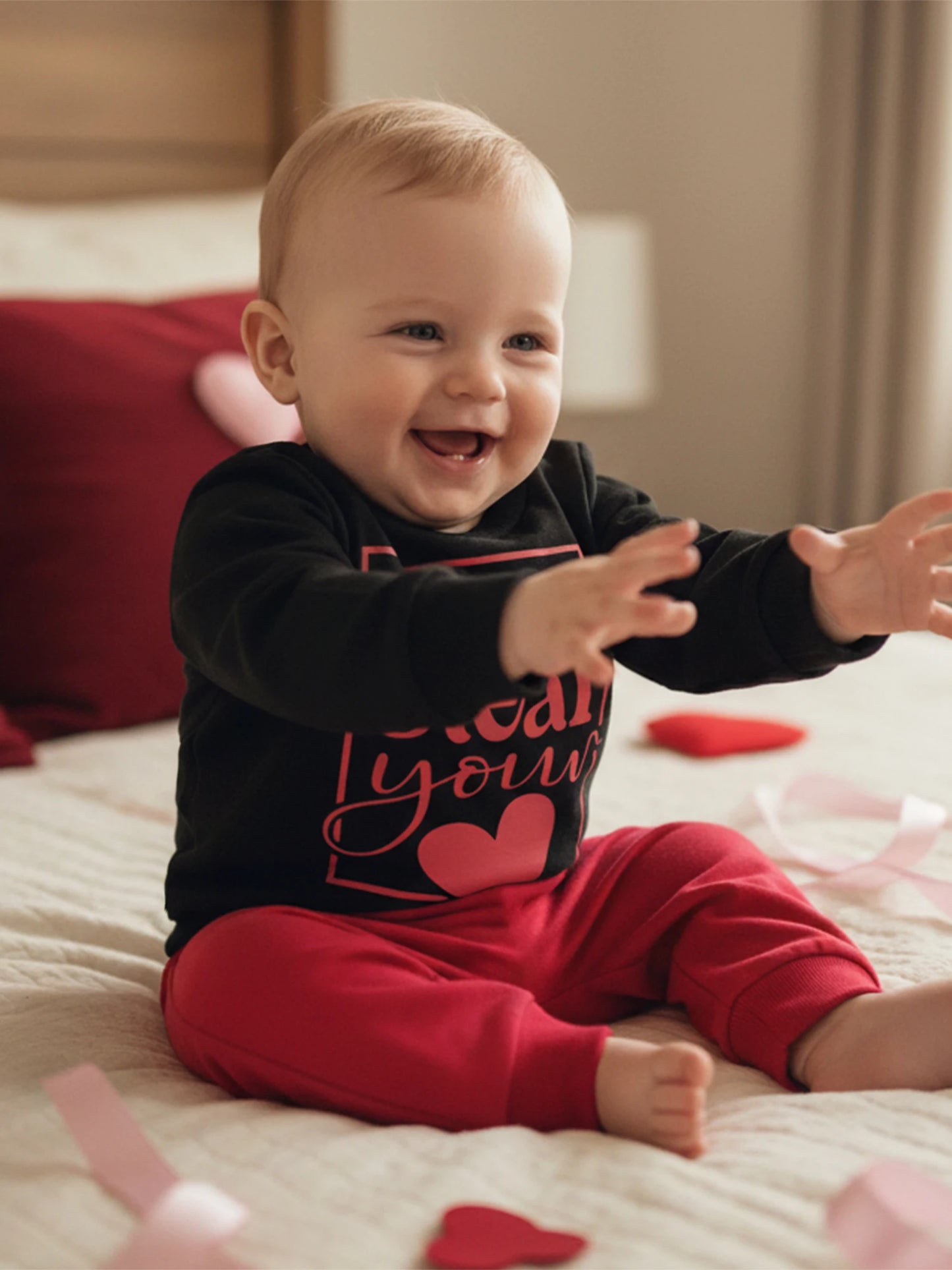 Baby Boys Valentine's Day Outfit Set - Heart Print Sweatshirt & Pants