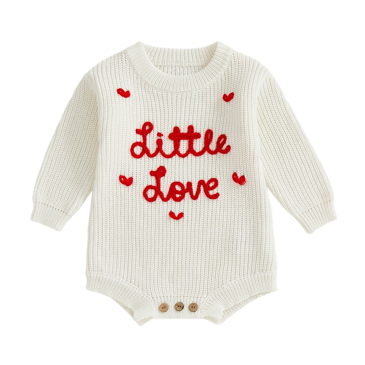 Valentine's Day Baby Knit Romper - Long Sleeve Heart Embroidery Jumpsuit