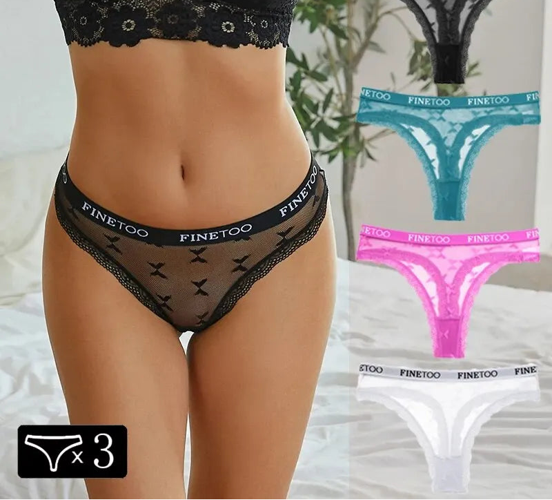 3-Piece Lace Underwear Set - Hollow Heart Design Low Waist Briefs