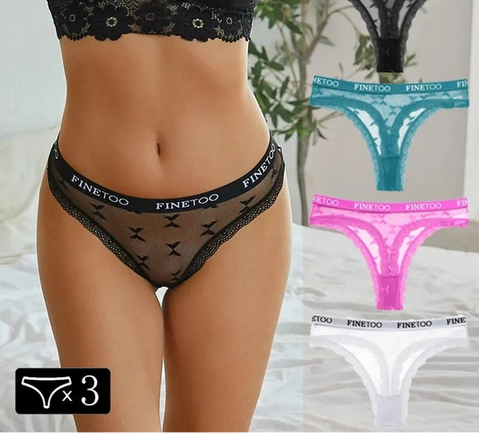 3-Piece Lace Underwear Set - Hollow Heart Design Low Waist Briefs