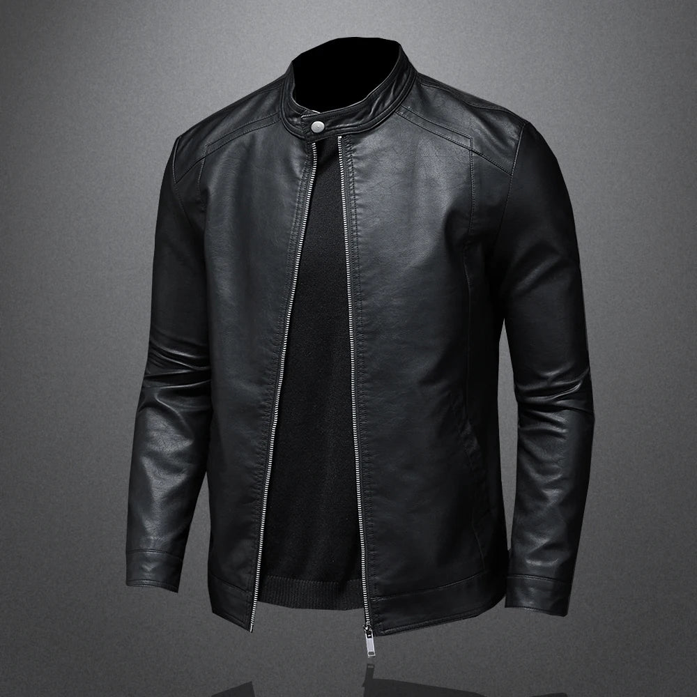 Men Stand Collar Slim Pu Leather Jacket