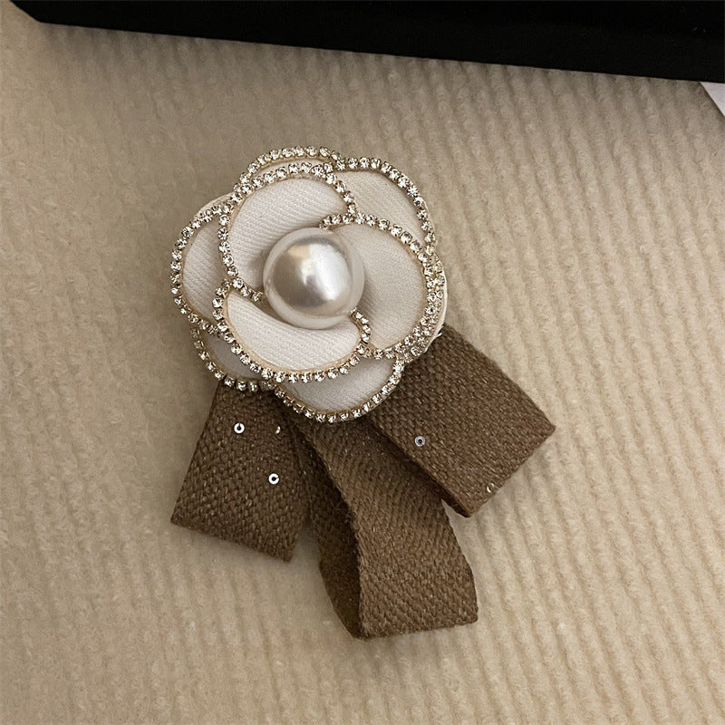 Retro Fabric Camellia Flower Brooch - Bow Crystal Pearl Tassel Lapel Pin