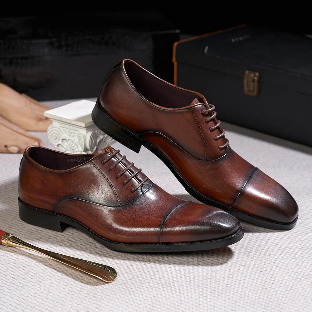 Men's Classic Lace-Up Oxfords Genuine Leather Cap Toe Wedding Party Formal Shoes