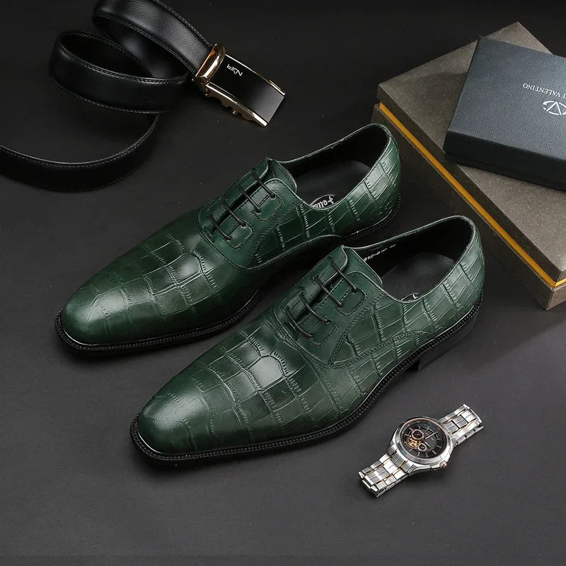 Crocodile Pattern Square Toe Brogue Leather Oxford Shoes