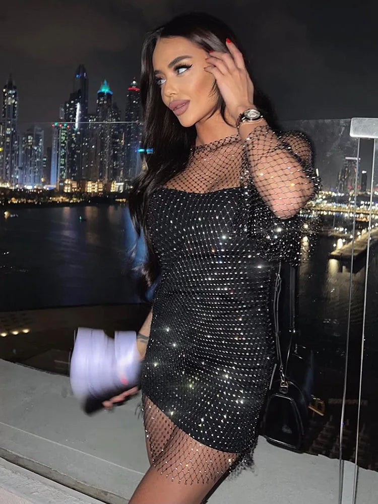 Women's Rhinestone Mesh Mini Open Back Slit See Through Fishnet Long Dress