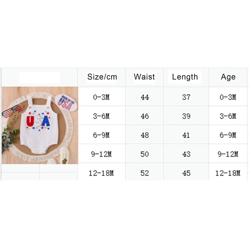 0-18M Baby Waffle Romper Sleeveless Letter Star Embroidery Square Neck USA Print Jumpsuits