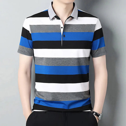 Men's Summer Striped Smart Casual  Short Sleeve Turn Down Collar Slim Fit Polo Shirt