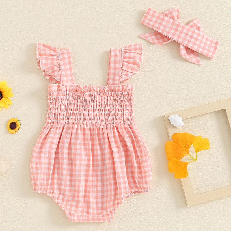 0-18M Baby Girls Summer Romper Outfits Fly Sleeve Plaid Print Ruffles Bowknot Jumpsuits with Headband