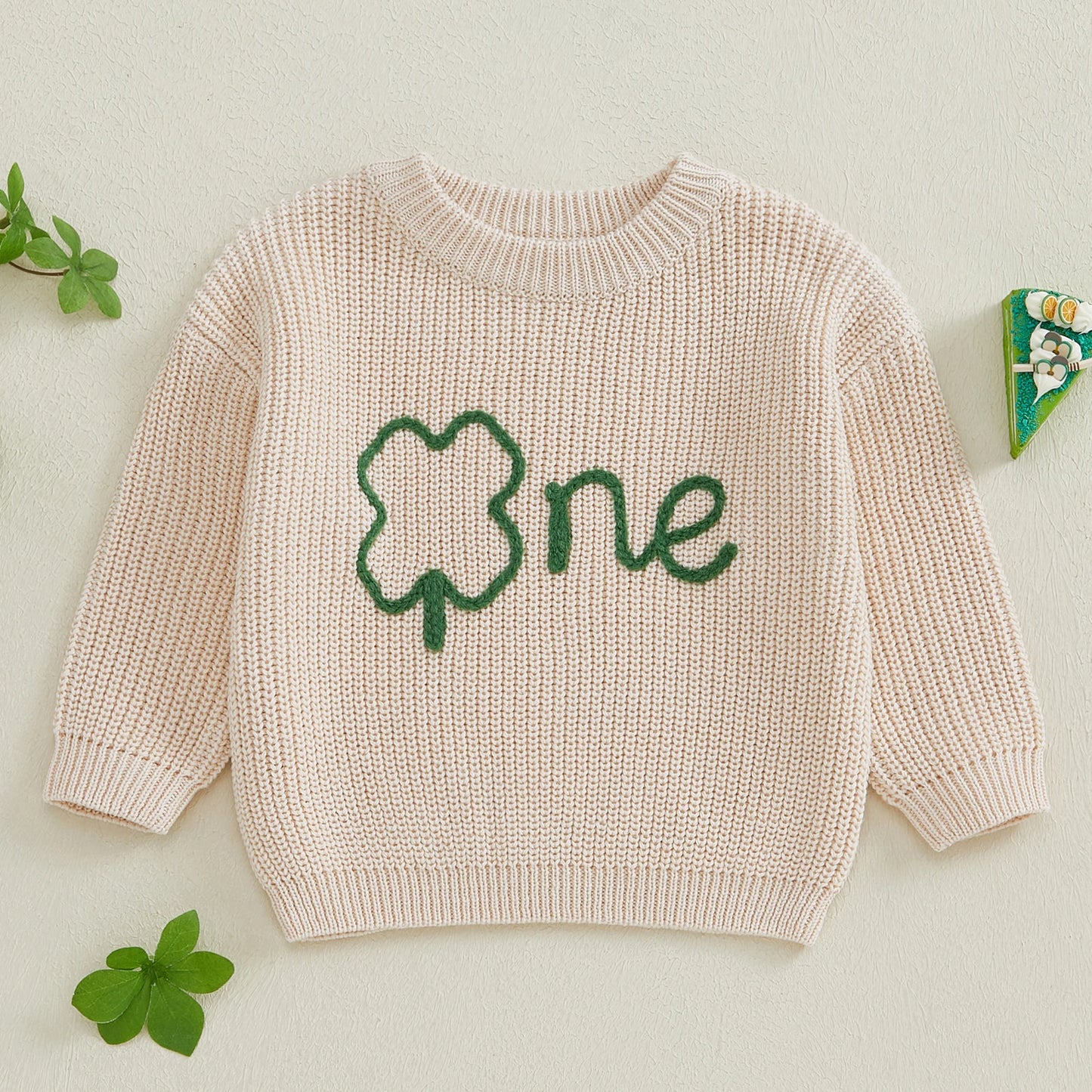 Baby Boys Girls Birthday Sweater 0-18M Clover Letter Embroidery Long Sleeve Pullover Knitwear