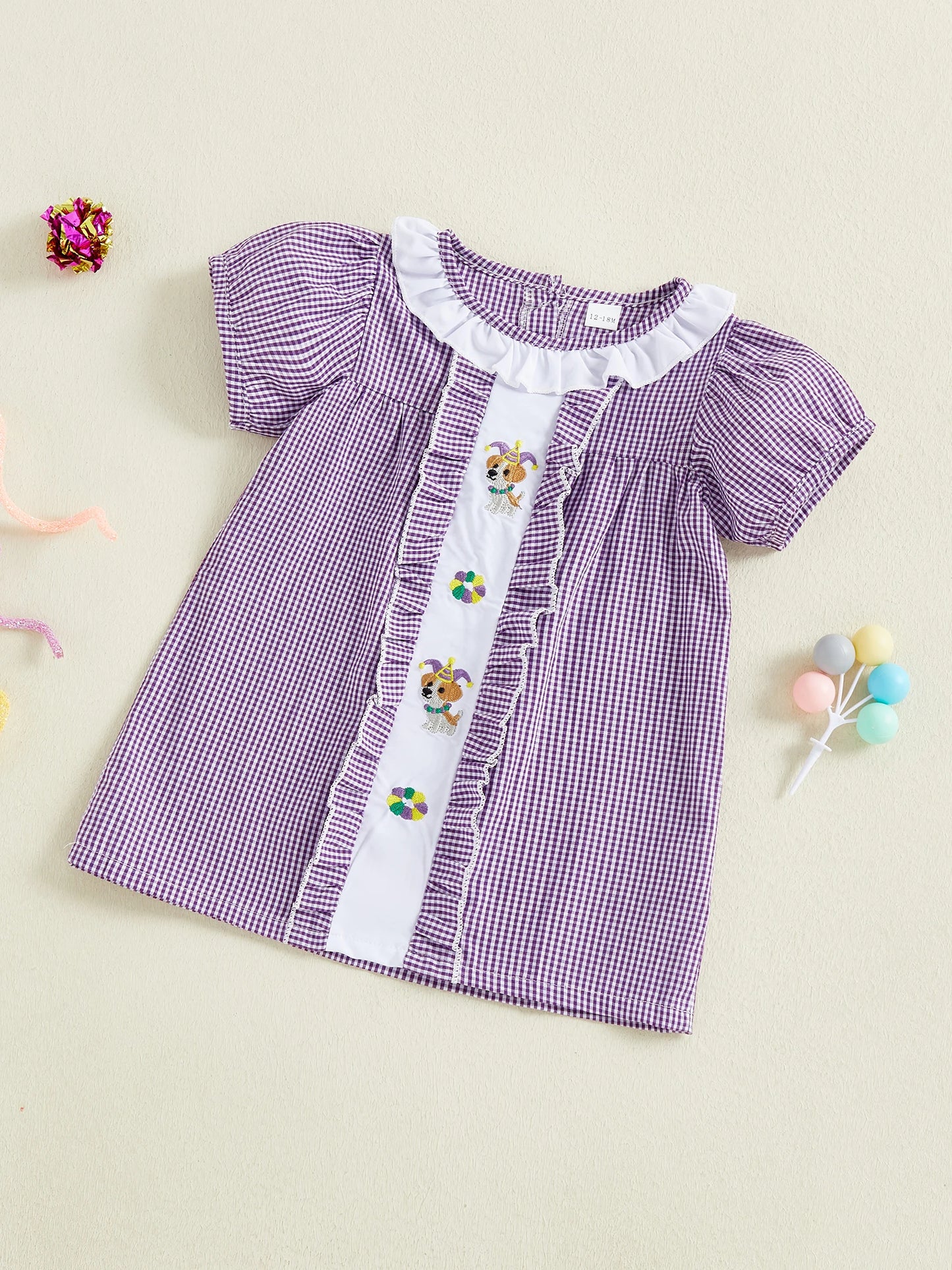 Girls Plaid A-Line Dress - Cartoon Embroidered Ruffle Trim Short Sleeve
