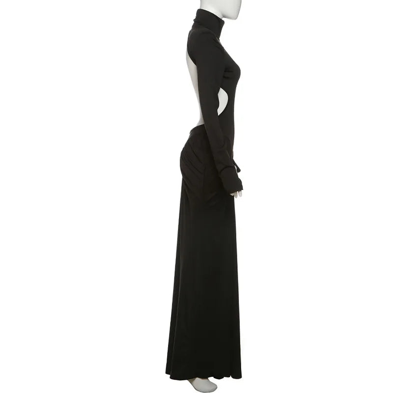 Women's Ruched Long Sleeve Maxi Dress - Elegant Backless Evening Gown