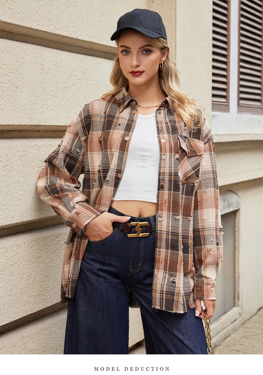 Women's Loose Plaid Shirt — Hollow-Out Detail Lapel Button Checked Blouse