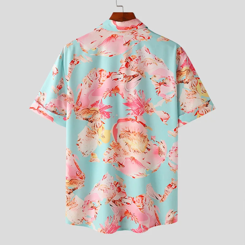 Men Printed Lapel Short Sleeve Summer Hawaiian Shirt