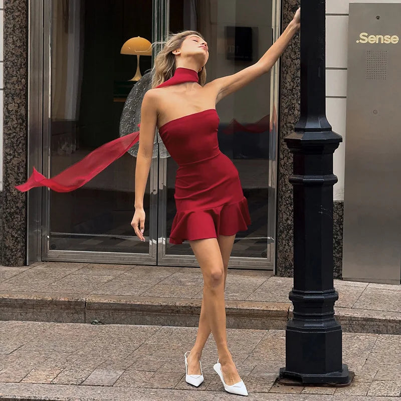 Women's Ruffled Strapless Mini Dress - Red Backless Bodycon with Neck Scarf
