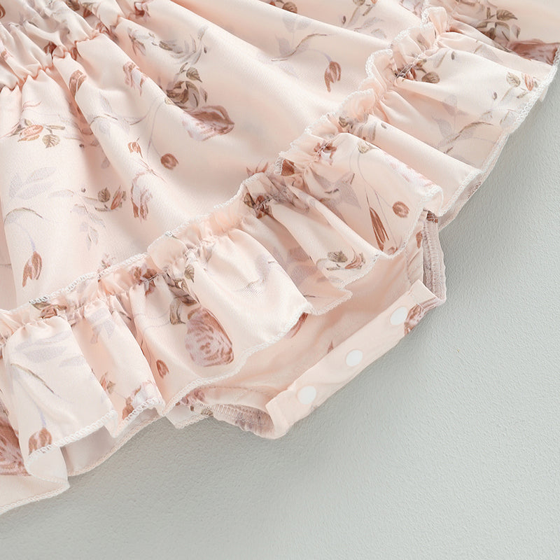 Princess Baby Girl Romper Dress - Ruffles Long Sleeve Floral Print with Headband