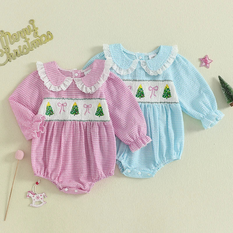Baby Plaid Print Romper - Long Sleeve Bow Embroidery Doll Collar Jumpsuit