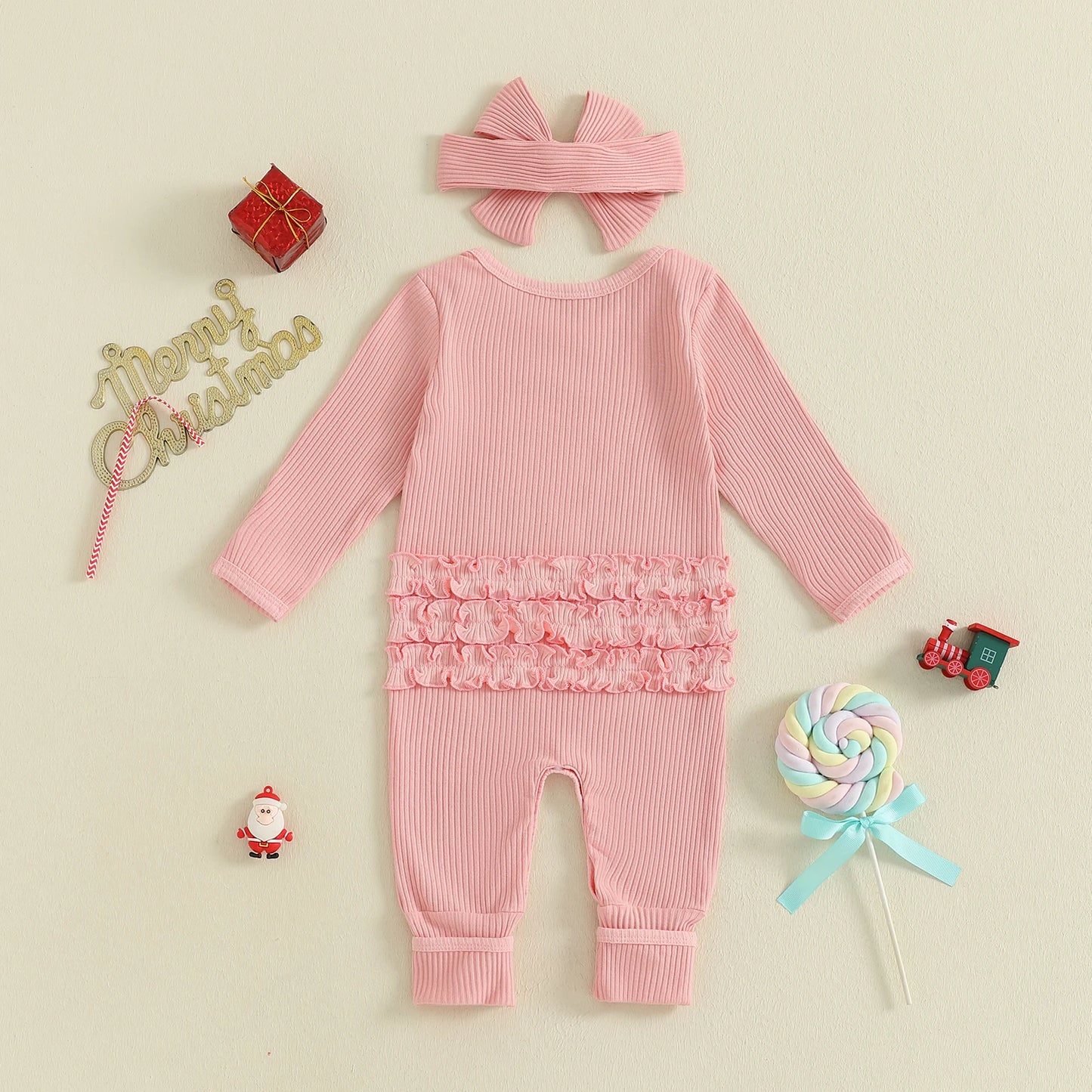 Baby Christmas Romper - Letter Hat Print Long Sleeve Jumpsuit with Headband (0-18M)