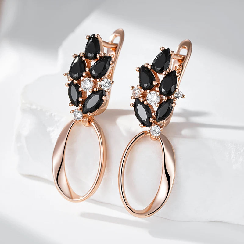 Women 585 Rose Gold Colour Glossy Black Natural Zircon Hollow Geometric Drop Earring