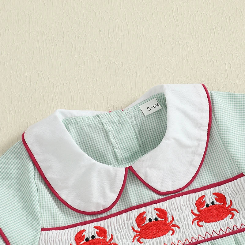 Baby Boys Girls Summer Romper - Crab Embroidery Doll Collar Jumpsuit (0-18M)