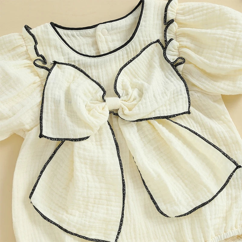 Baby Girls Bow Bubble Romper with Headband - Short Sleeve Ruffled Jumpsuit
