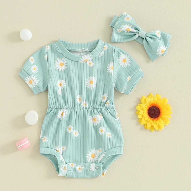 0-18M 2pcs Baby Romper Short Sleeve Sunflowers Print Elastic Waist Jumpsuits with Hairband