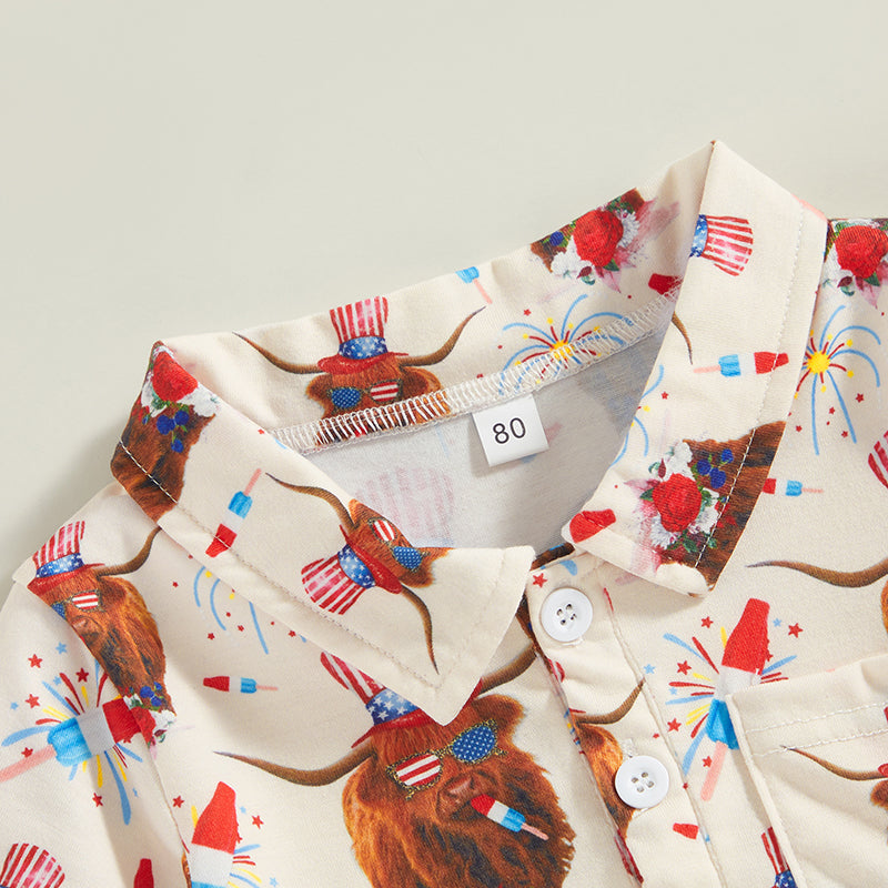 0-4Y Toddler Kids Boys T Shirt Short Sleeve Eagle/Donut/Bull/Fireworks Print Pullover Tops for Independence Day
