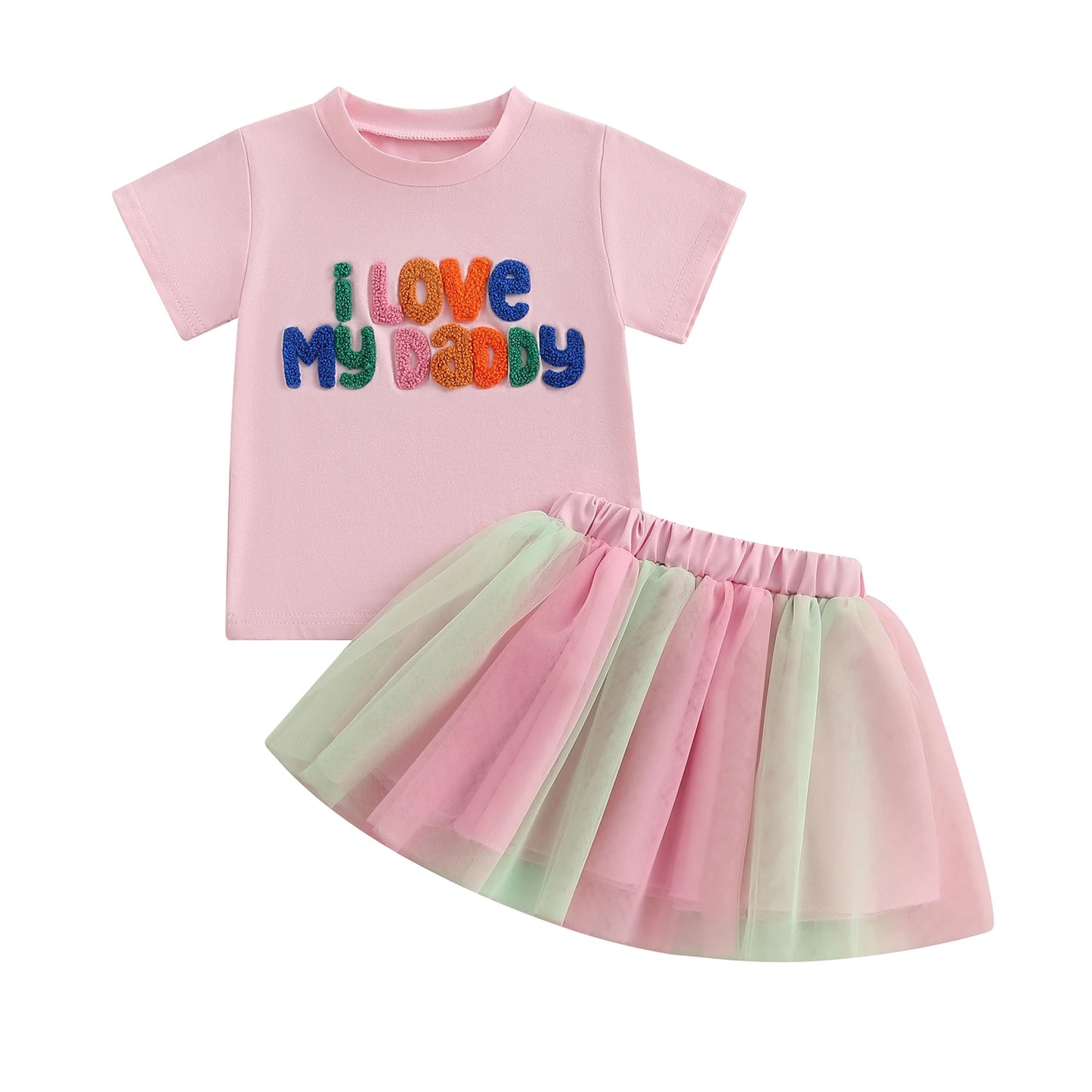 0-5Y Toddler Kids Girls Summer Clothes Sets Letter Embroidery Short Sleeve T-Shirt and Elastic Tulle Skirt