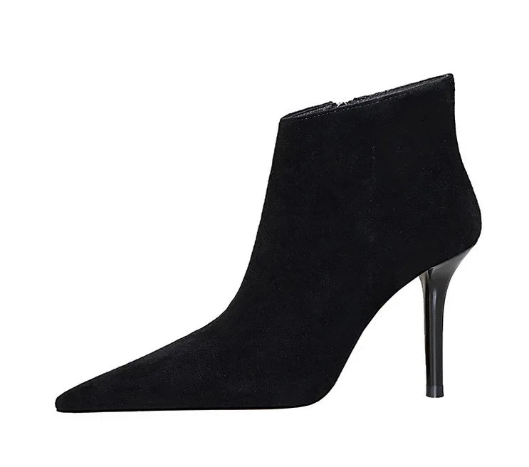 Black Suede Ankle Boots - Pointed Toe Stiletto Heels with Side Zipper